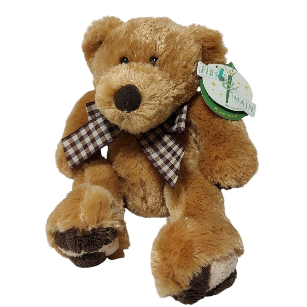 New First and‎ Main Teddy Bear Newton Brown Plush with Brown Check Bow 1804 Tags